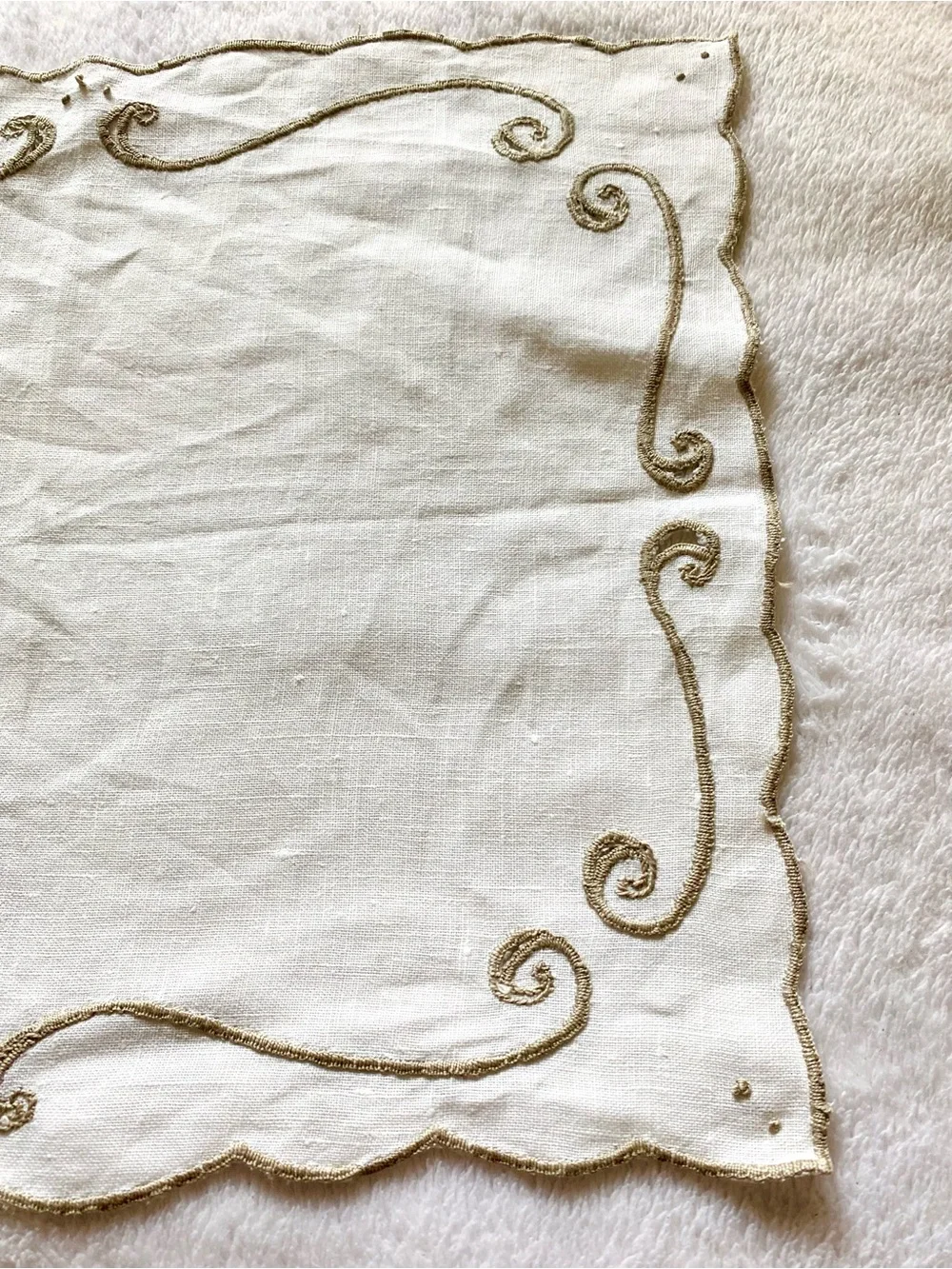Vintage Cream Table Linen with Gold Embroidered Scrollwork
